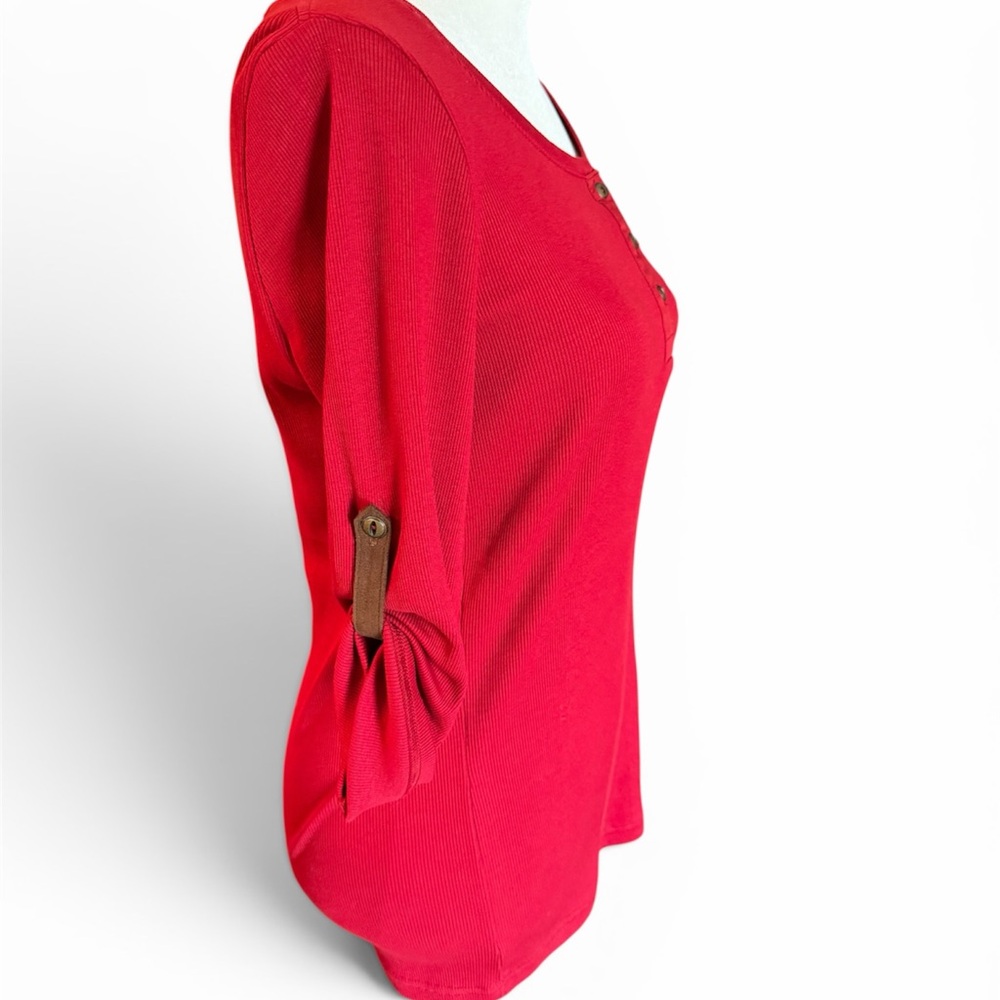 Lauren Ralph Lauren Bright Red Henley Button-Front Top - Picture 3 of 4